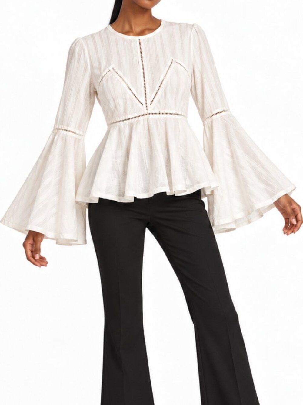 Cinq à Sept White Cotton Peplum Bell Sleeve Ladder Trim Blouse Size XX Small